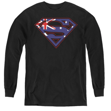 Black youth long sleeve t-shirt with Superman Australian Shield graphic