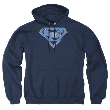 Navy pullover hoodie with Superman U N Shield graphic
