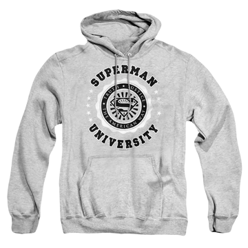 Athletic heather pullover hoodie with Superman University graphic