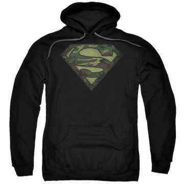 Black pullover hoodie with Superman Camo Logo Distressed graphic