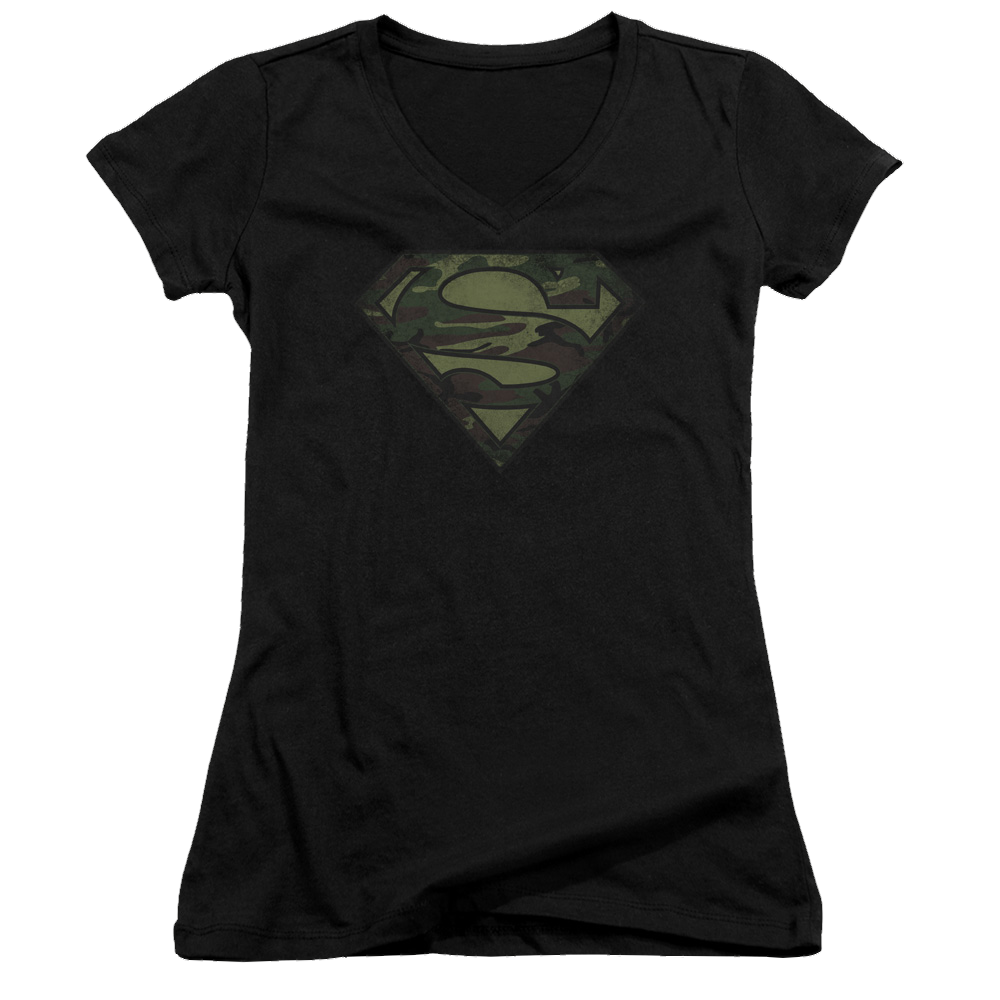 Superman Camo Logo Distressed - Juniors V-Neck T-Shirt Juniors V-Neck T-Shirt Superman   