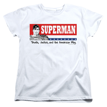 White women's t-shirt with Superman For President graphic