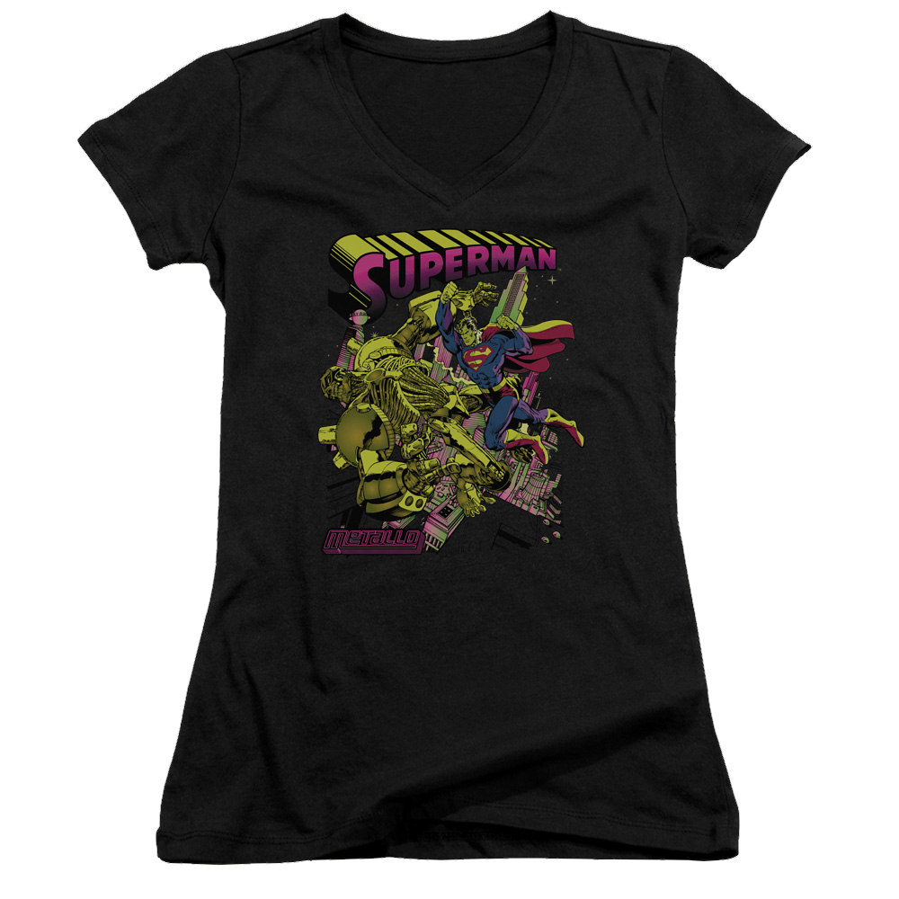 Superman Versus Metallo Blacklight - Juniors V-Neck T-Shirt Juniors V-Neck T-Shirt Superman   