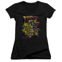 Superman Versus Metallo Blacklight - Juniors V-Neck T-Shirt Juniors V-Neck T-Shirt Superman   