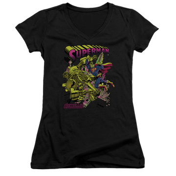 Superman Versus Metallo Blacklight - Juniors V-Neck T-Shirt Juniors V-Neck T-Shirt Superman   