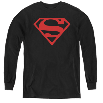 Black youth long sleeve t-shirt with Superman Red On Black Shield graphic