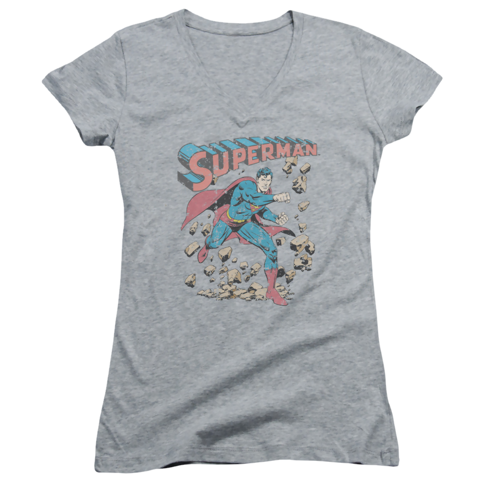Superman Mad At Rocks - Juniors V-Neck T-Shirt Juniors V-Neck T-Shirt Superman   