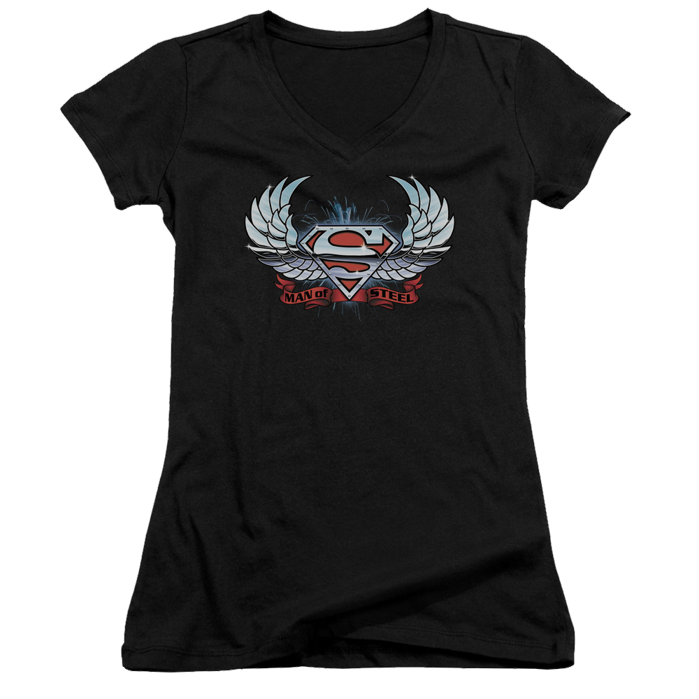 Superman Chrome Wings Shield - Juniors V-Neck T-Shirt Juniors V-Neck T-Shirt Superman   