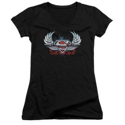 Superman Chrome Wings Shield - Juniors V-Neck T-Shirt Juniors V-Neck T-Shirt Superman   