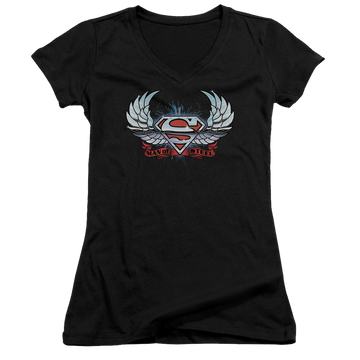 Superman Chrome Wings Shield - Juniors V-Neck T-Shirt Juniors V-Neck T-Shirt Superman   