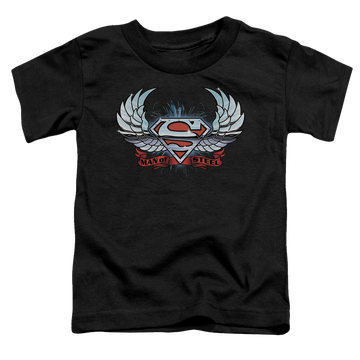 Black toddler t-shirt with Superman Chrome Wings Shield graphic
