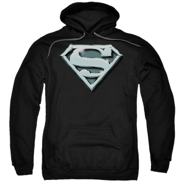 Black pullover hoodie with Superman Chrome Shield graphic