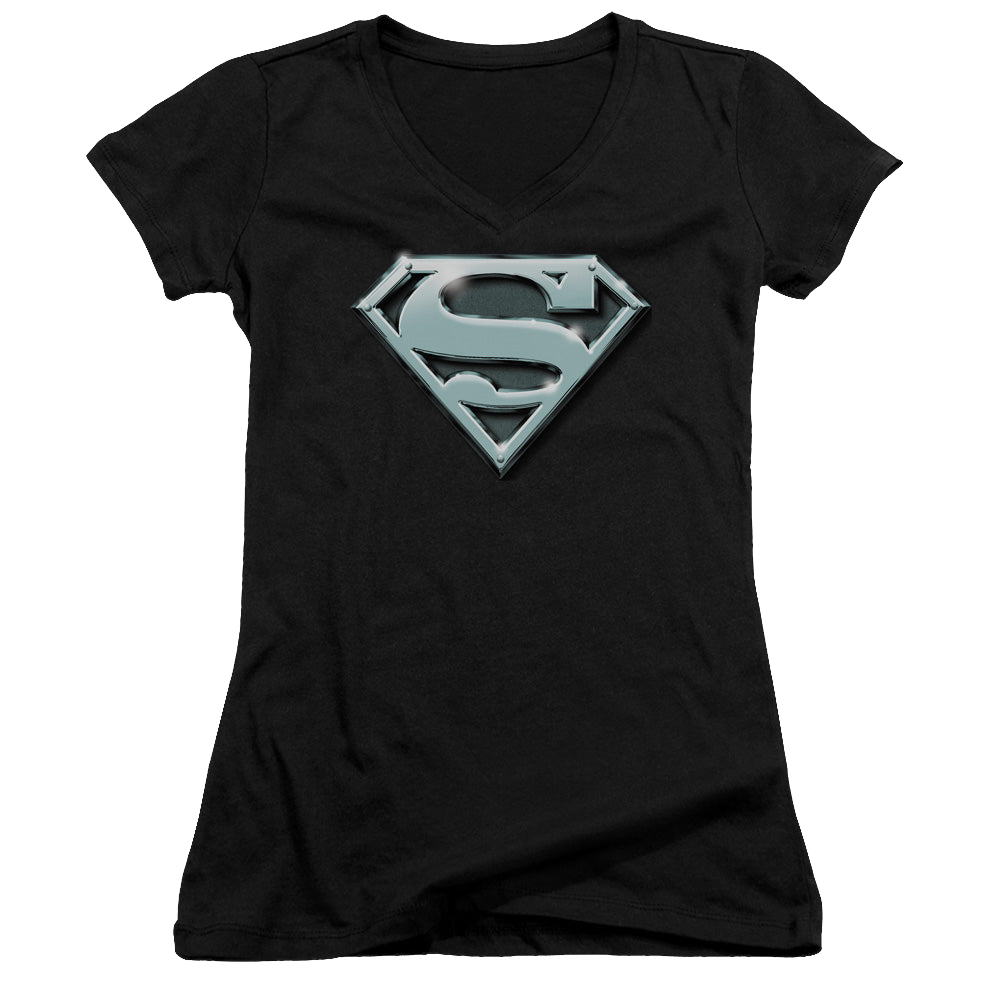 Superman Chrome Shield - Juniors V-Neck T-Shirt Juniors V-Neck T-Shirt Superman   