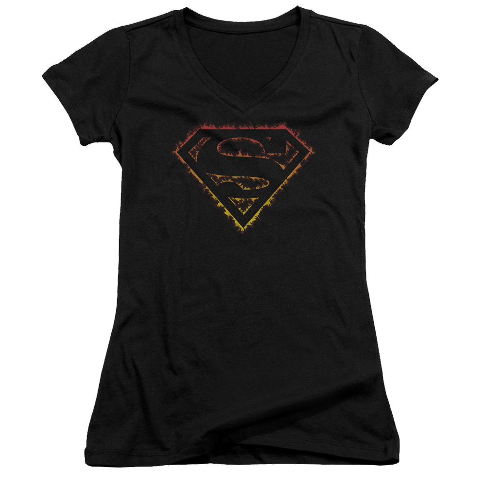 Superman Flame Outlined Logo - Juniors V-Neck T-Shirt Juniors V-Neck T-Shirt Superman   