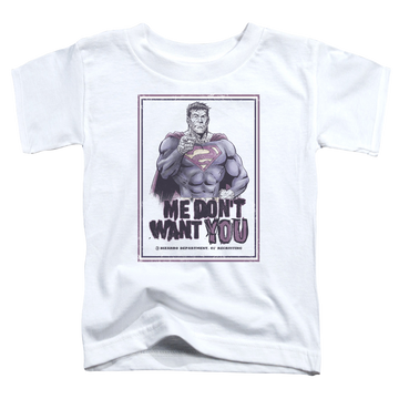 White toddler t-shirt with Superman Dont Want You graphic