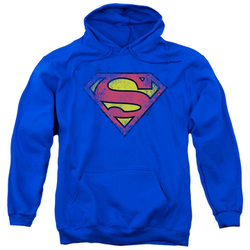 Royal pullover hoodie with Superman Destroyed Supes Logo graphic