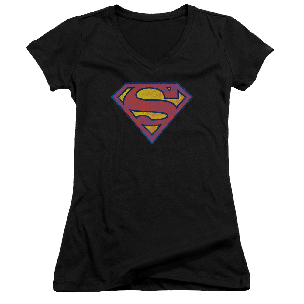 Superman Sm Neon Distress Logo - Juniors V-Neck T-Shirt Juniors V-Neck T-Shirt Superman   