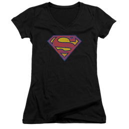 Superman Sm Neon Distress Logo - Juniors V-Neck T-Shirt Juniors V-Neck T-Shirt Superman   