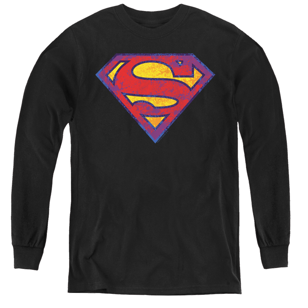 Superman Sm Neon Distress Logo - Youth Long Sleeve T-Shirt Youth Long Sleeve T-Shirt Superman   
