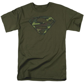 Military green men's regular fit t-shirt with Superman Distressed Camo Shield graphic
