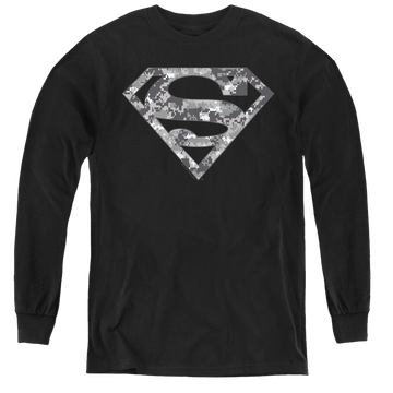 Black youth long sleeve t-shirt with Superman Urban Camo Shield graphic