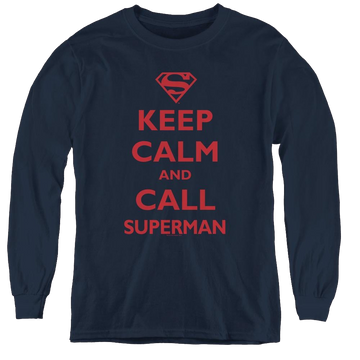 Navy youth long sleeve t-shirt with Call Superman graphic
