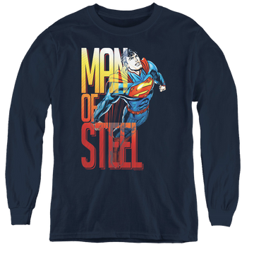 Navy youth long sleeve t-shirt with Superman Steel Flight graphic