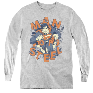 Athletic heather youth long sleeve t-shirt with Superman Coming Through graphic