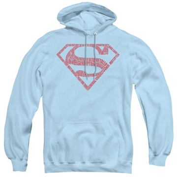 Light blue pullover hoodie with Superman Word Shield graphic