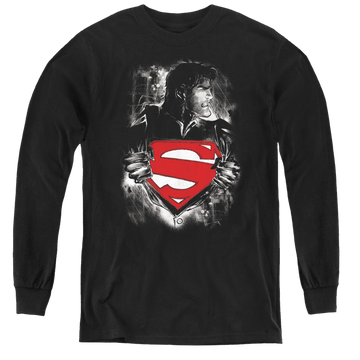 Black youth long sleeve t-shirt with Superman Darkest Hour graphic