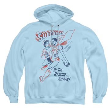 Light blue pullover hoodie with Superman To The Rescue graphic