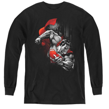 Black youth long sleeve t-shirt with Superman My City graphic