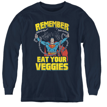 Navy youth long sleeve t-shirt with Superman Veggie Power graphic