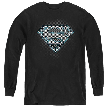 Black youth long sleeve t-shirt with Superman Checkerboard graphic