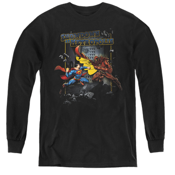 Black youth long sleeve t-shirt with Superman Showdown graphic