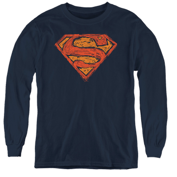 Navy youth long sleeve t-shirt with Superman Messy S graphic