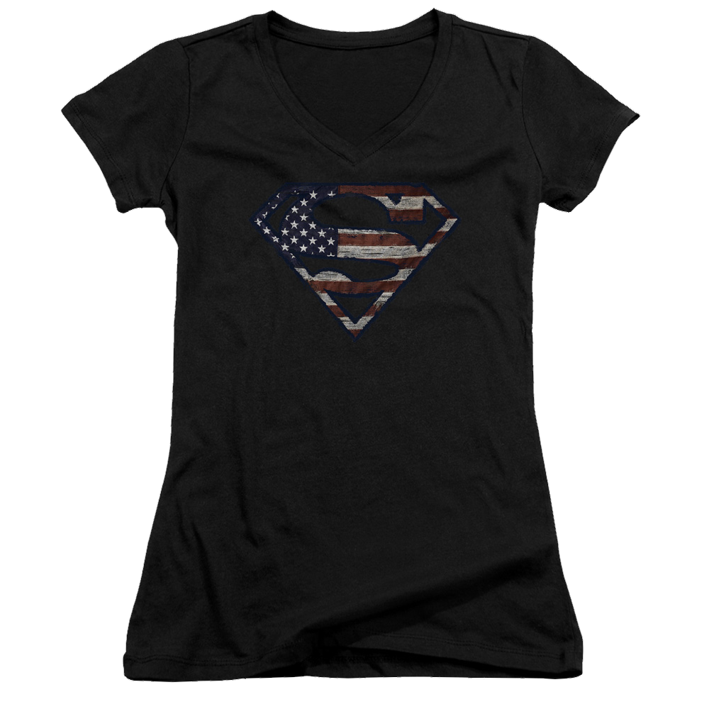 Superman Wartorn Flag - Juniors V-Neck T-Shirt Juniors V-Neck T-Shirt Superman   