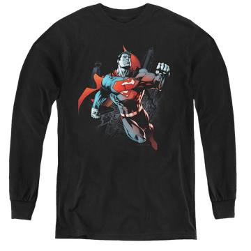 Black youth long sleeve t-shirt with Superman Up In The Sky graphic