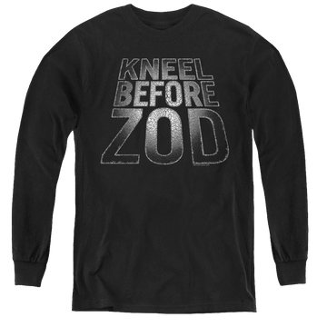 Black youth long sleeve t-shirt with Superman Before Zod graphic