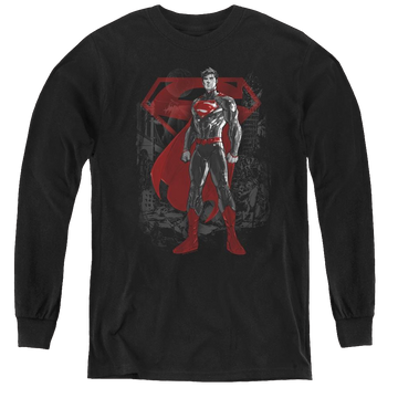 Black youth long sleeve t-shirt with Superman Aftermath graphic