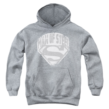 Athletic heather youth hoodie for ages 8 to 12 with Superman Man Of Steel Shield graphic