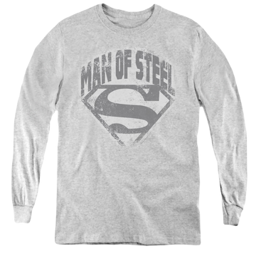 Athletic heather youth long sleeve t-shirt with Superman Man Of Steel Shield graphic