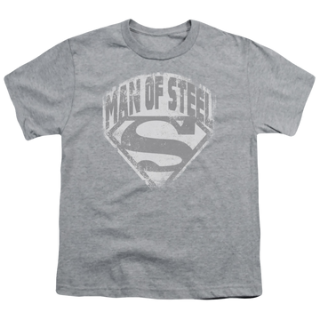 Athletic heather youth t-shirt for ages 8 to 12 with Superman Man Of Steel Shield graphic