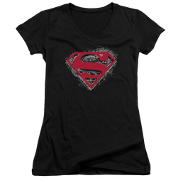 Superman Hardcore Noir Shield - Juniors V-Neck T-Shirt Juniors V-Neck T-Shirt Superman   