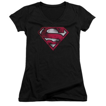 Superman War Torn Shield - Juniors V-Neck T-Shirt Juniors V-Neck T-Shirt Superman   