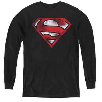 Black youth long sleeve t-shirt with Superman War Torn Shield graphic