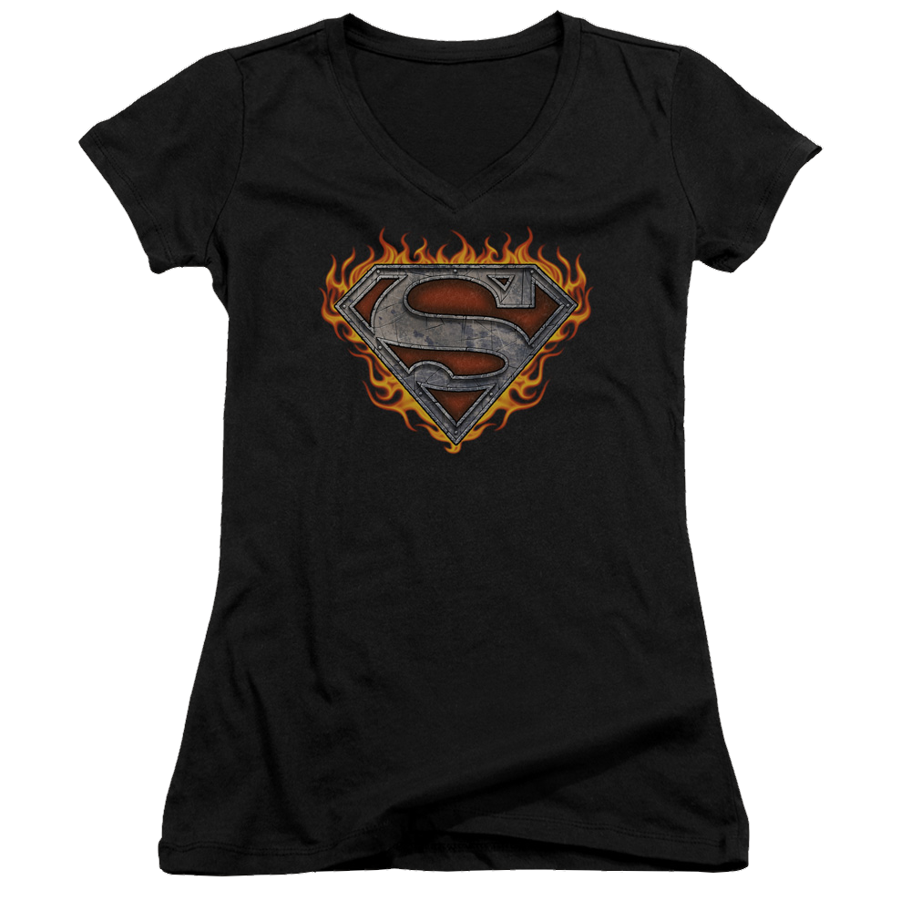 Superman Iron Fire Shield - Juniors V-Neck T-Shirt Juniors V-Neck T-Shirt Superman   