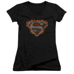 Superman Iron Fire Shield - Juniors V-Neck T-Shirt Juniors V-Neck T-Shirt Superman   