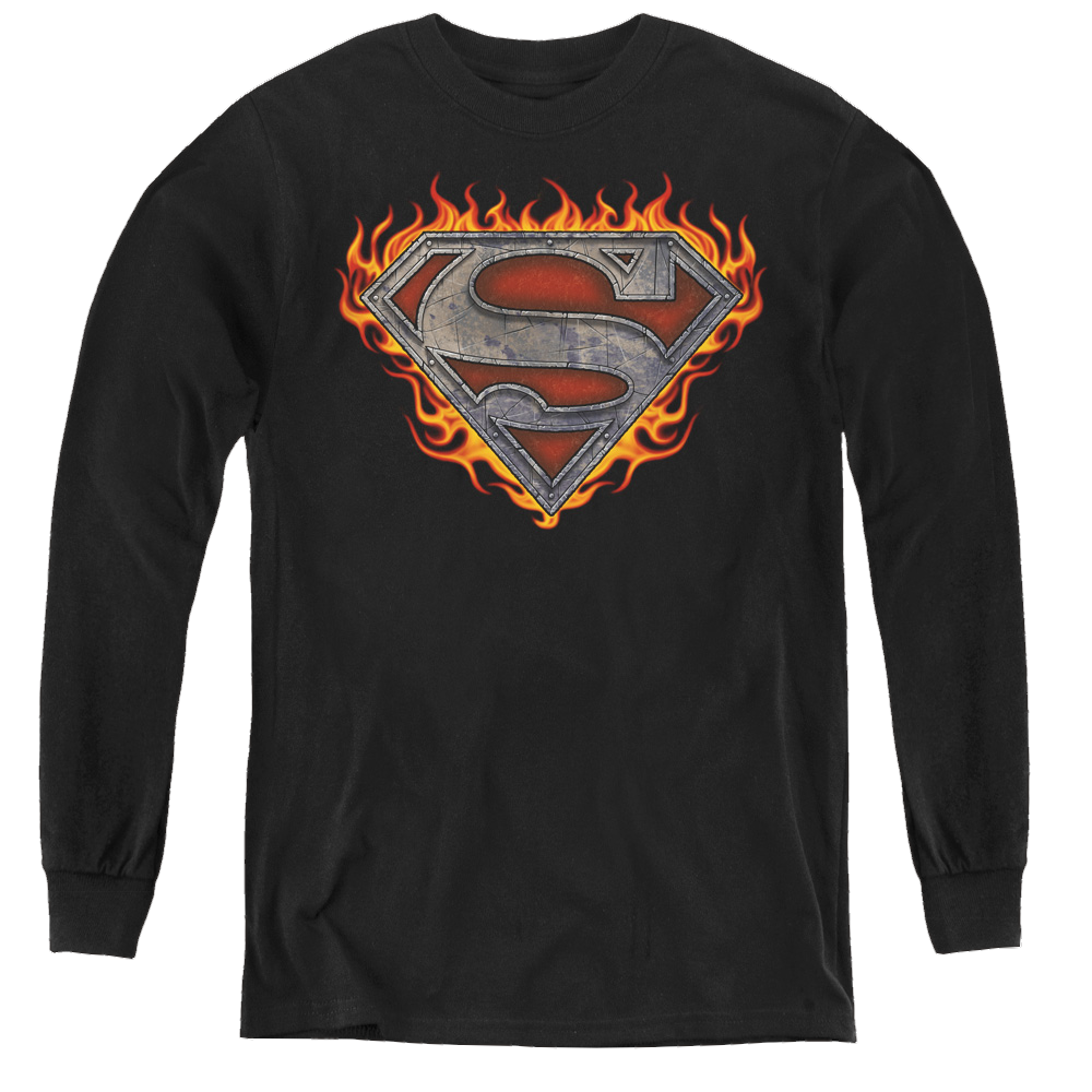 Superman Iron Fire Shield - Youth Long Sleeve T-Shirt Youth Long Sleeve T-Shirt Superman   