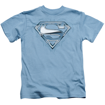 Carolina blue kid's t-shirt for ages 4 to 7 with Superman Tribal Chrome Shield graphic